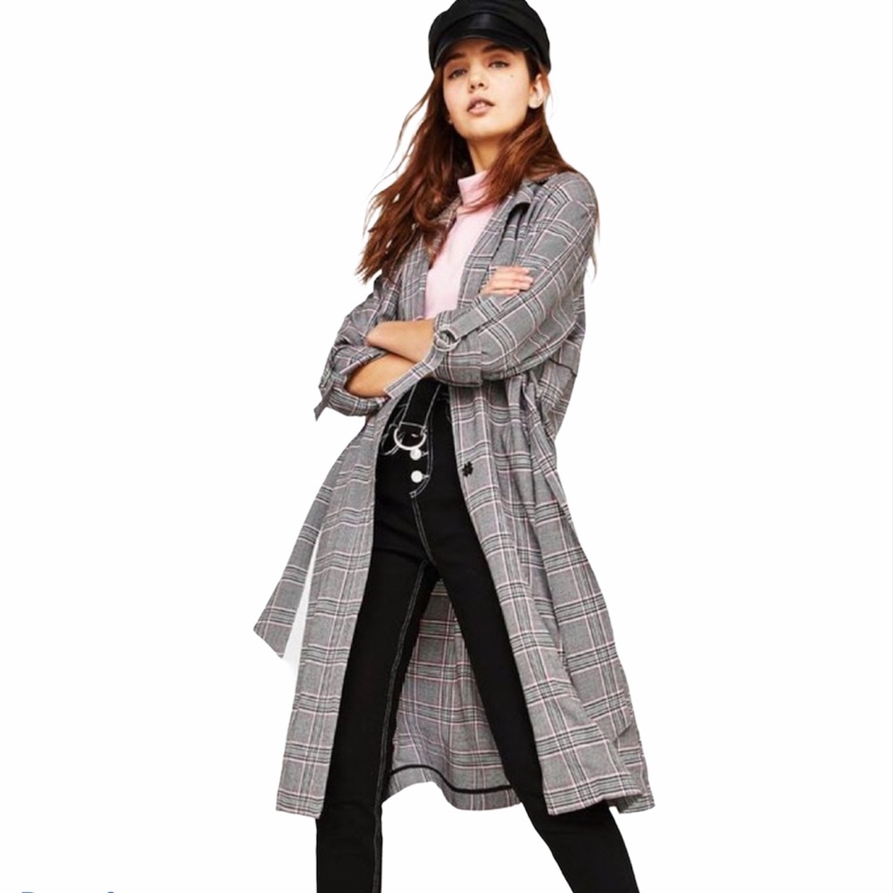 🌸 BERSHKA Light Gray/Pink Plaid Tailored Trench, XS/S, NWT